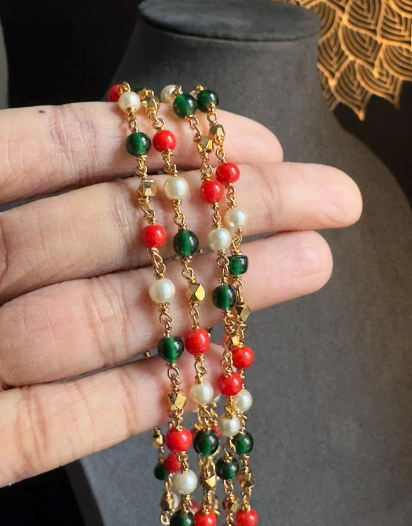Elegant 23.5ct MicroGold 2-Layer Coral, Pearl, Emerald Necklace - TRADITIONAL