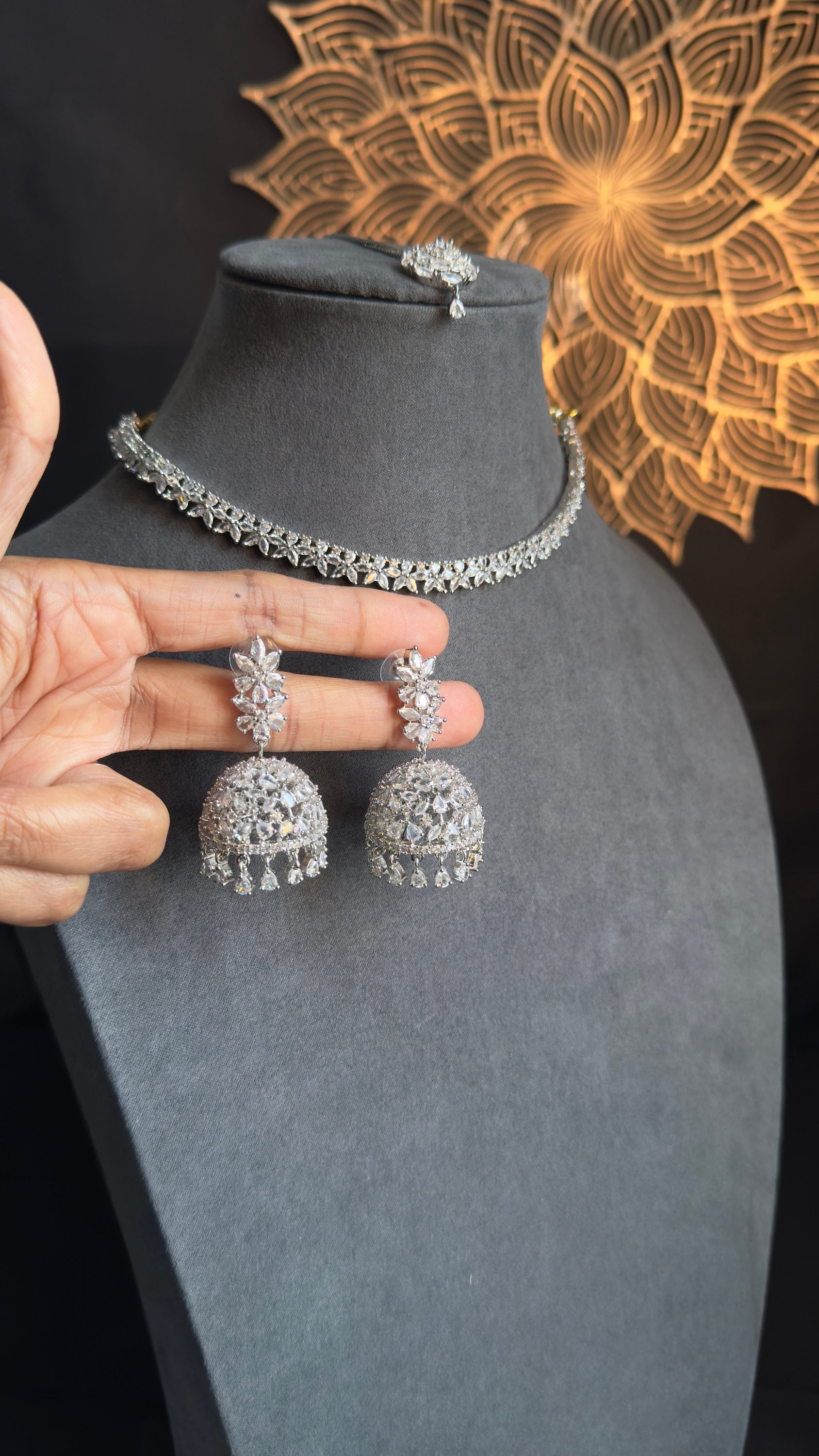 Silver CZ Stone Necklace Set with Jhumka and Adjustable Tikka - Indo-Western Indian and Pakistani Jewelry