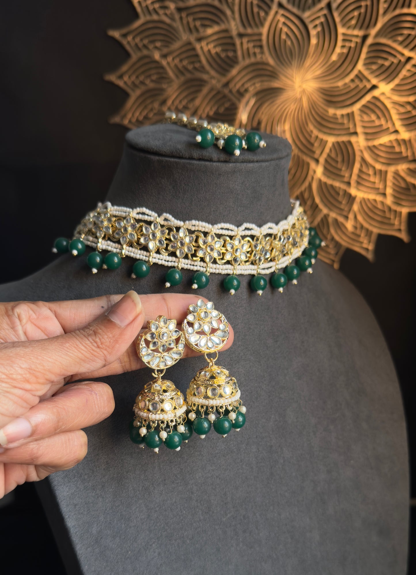 Pearl Faux Kundan Choker Tikka Jhumka Set- BOLLYWOOD