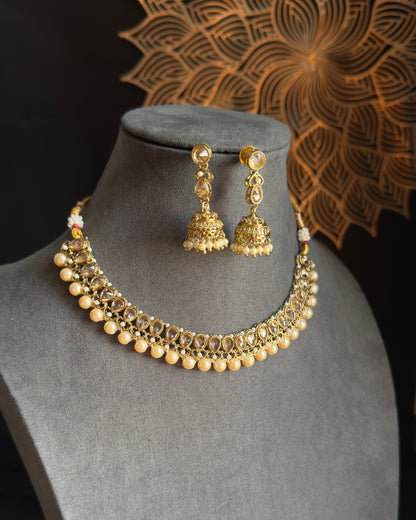 Reverse AD Kundan Choker Set Pearl Jhumka - BOLLYWOOD