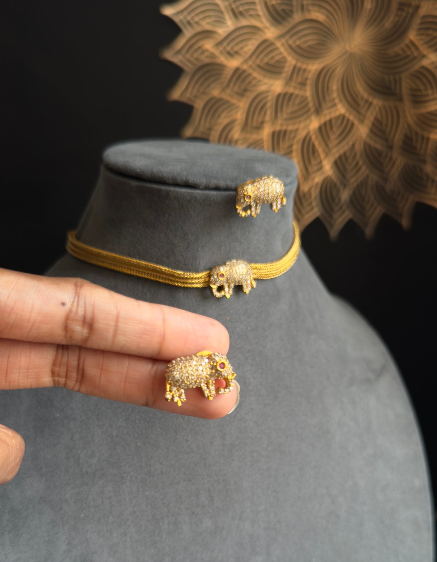 Elephant American diamond Necklace Set, Antique Gold - FUSION