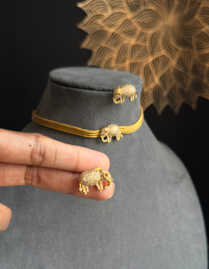 Elephant American diamond Necklace Set, Antique Gold - FUSION