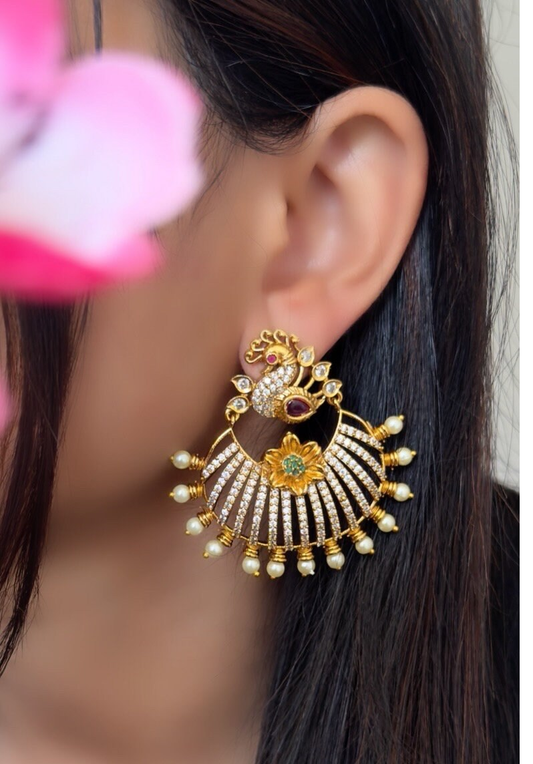 Peacock Design Gold-Plated Chandbali Earrings - TRADITIONAL