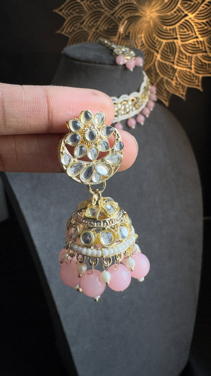 Pearl Faux Kundan Choker Tikka Jhumka Set- BOLLYWOOD