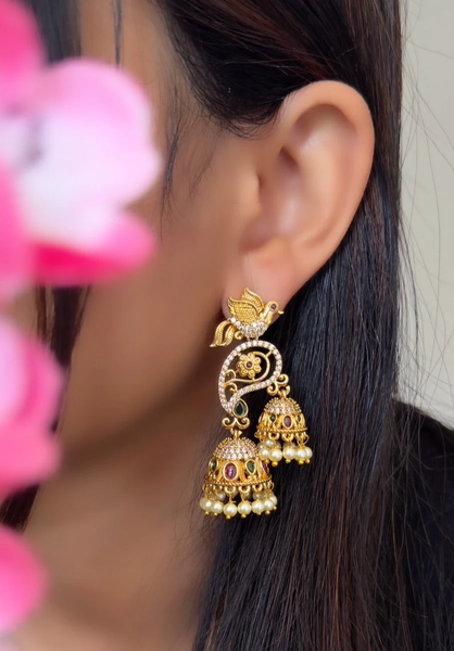 Gold Peacock Double Jhumka Earrings - TRADITIONAL