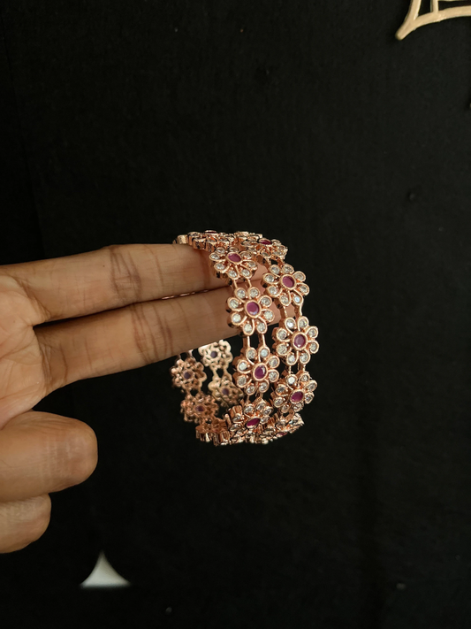 Rose Gold Flower Cubic Zirconia Bangles - INDO WESTERN