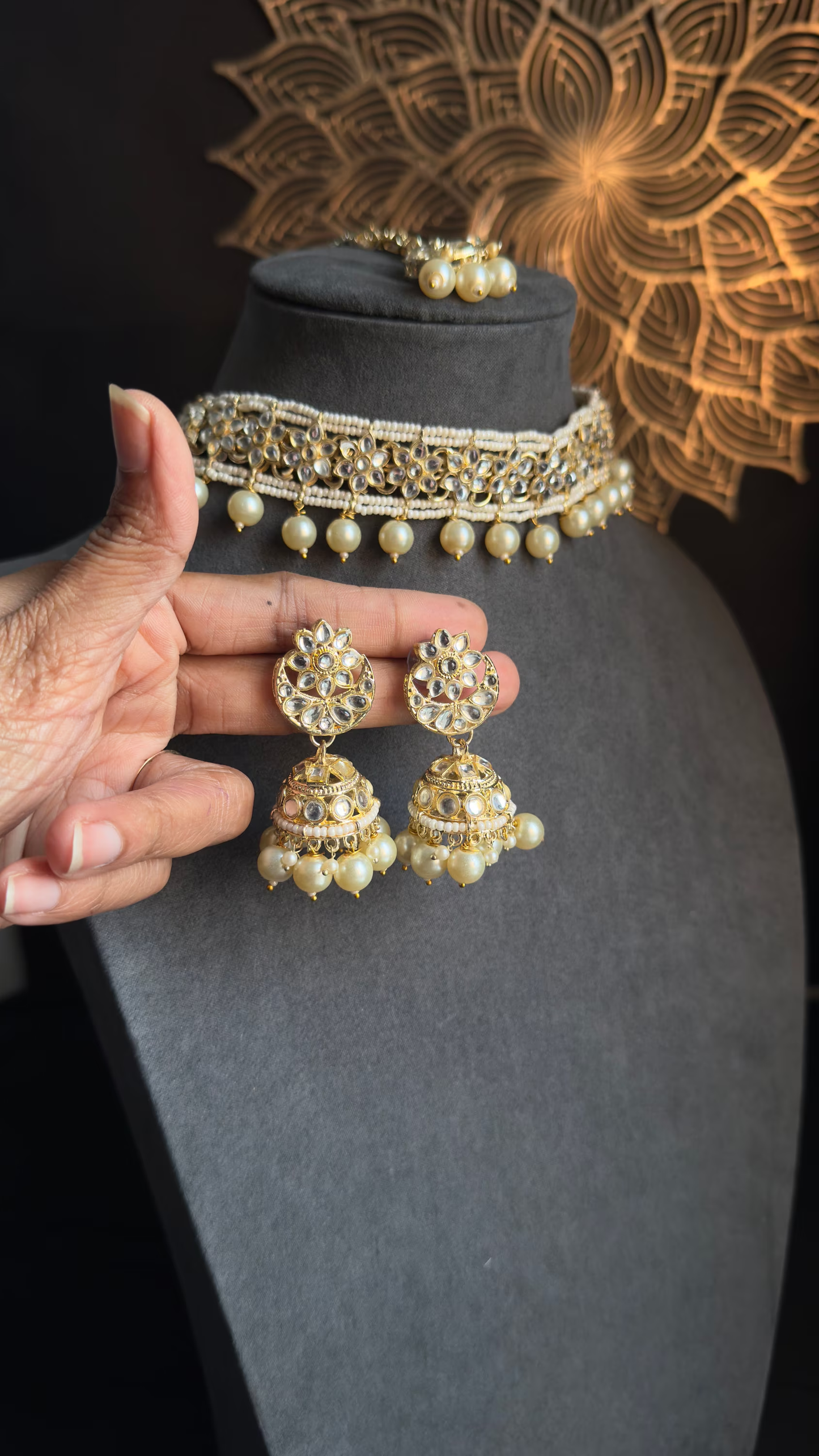 Pearl Faux Kundan Choker Tikka Jhumka Set- BOLLYWOOD