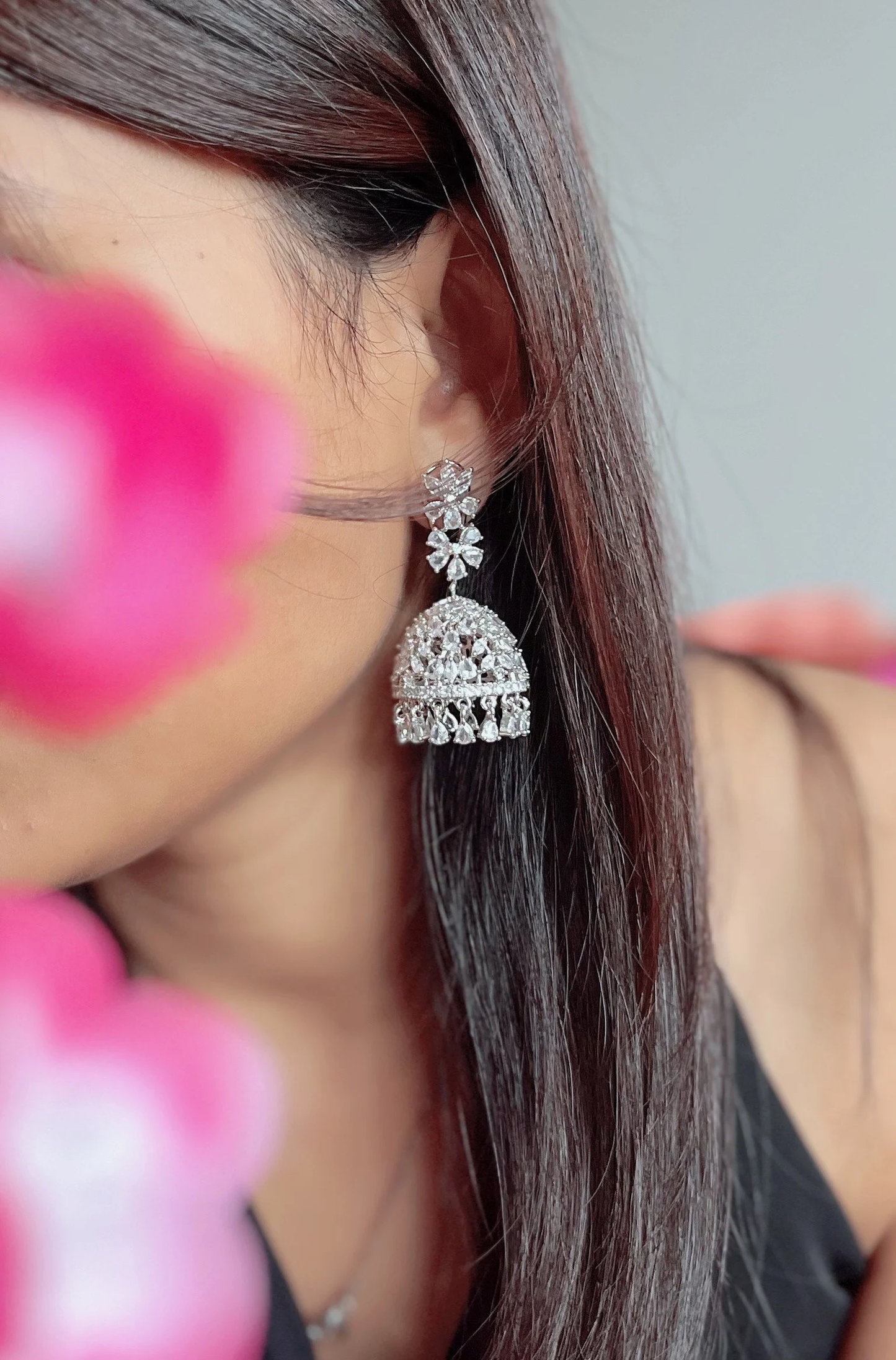 Silver Blossom Jhumka Earrings Zircon Crystals - INDO WESTERN