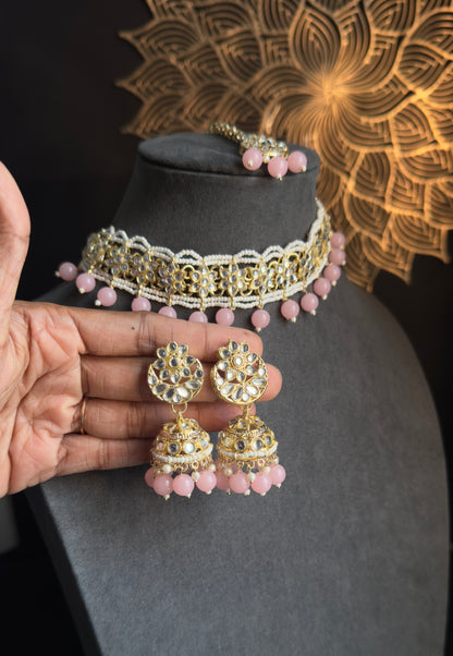 Pearl Faux Kundan Choker Tikka Jhumka Set- BOLLYWOOD