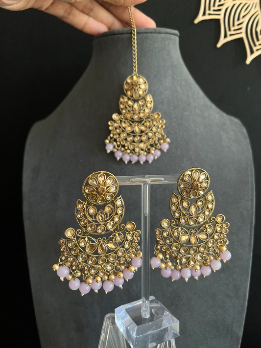 Mehendi Polki Earring Tikka Set,Lavender Beads- BOLLYWOOD