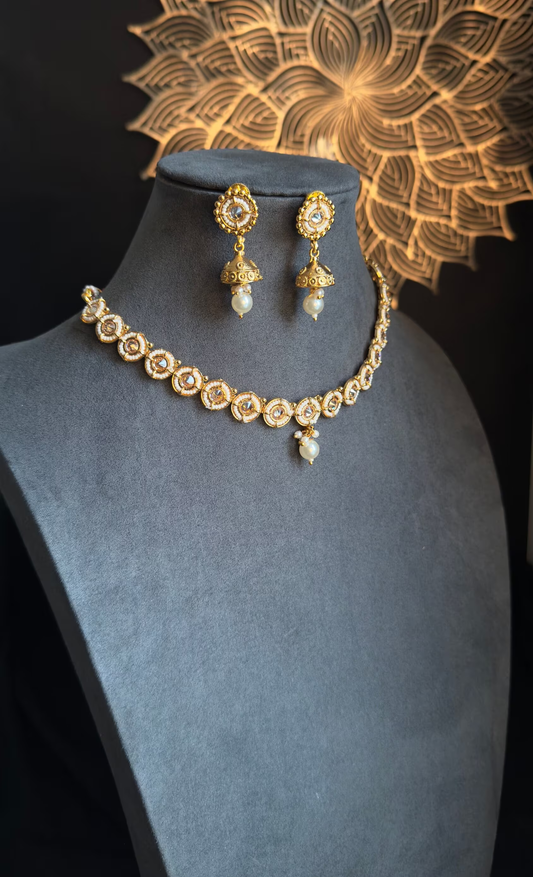 Dainty Rajwadi Pearl Necklaec; Drop Jhumka - BOLLYWOOD