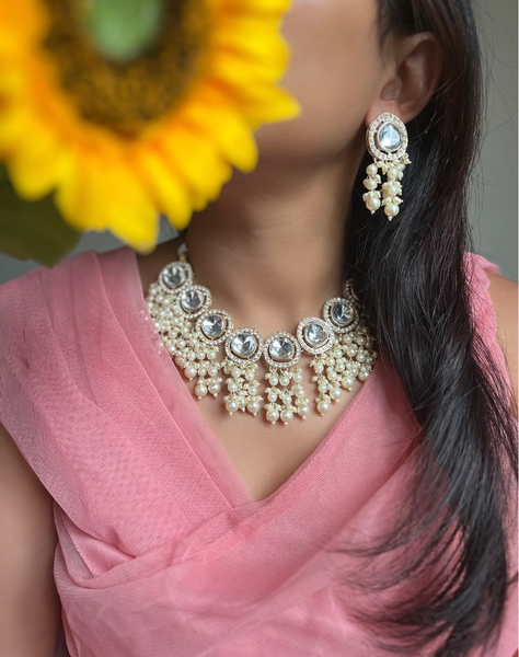 Pearl and Mirror Necklace Set, Pearl Tassels - BOLLYWOOD