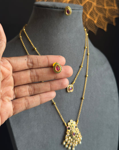 Layer Matt Gold Pendant Indian Necklace Set - AMERICAN DIAMOND