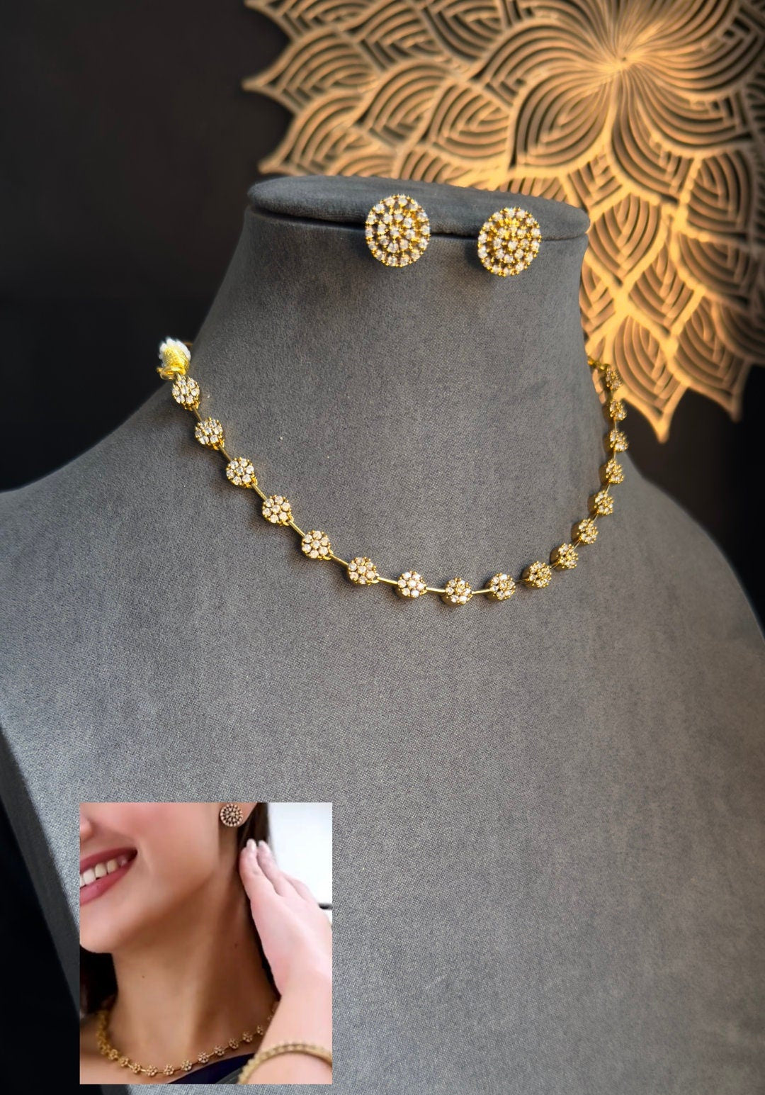 Gold-Plated Flower Pattern Necklace with American Diamonds and Matching Earrings - South Indian Jewelry