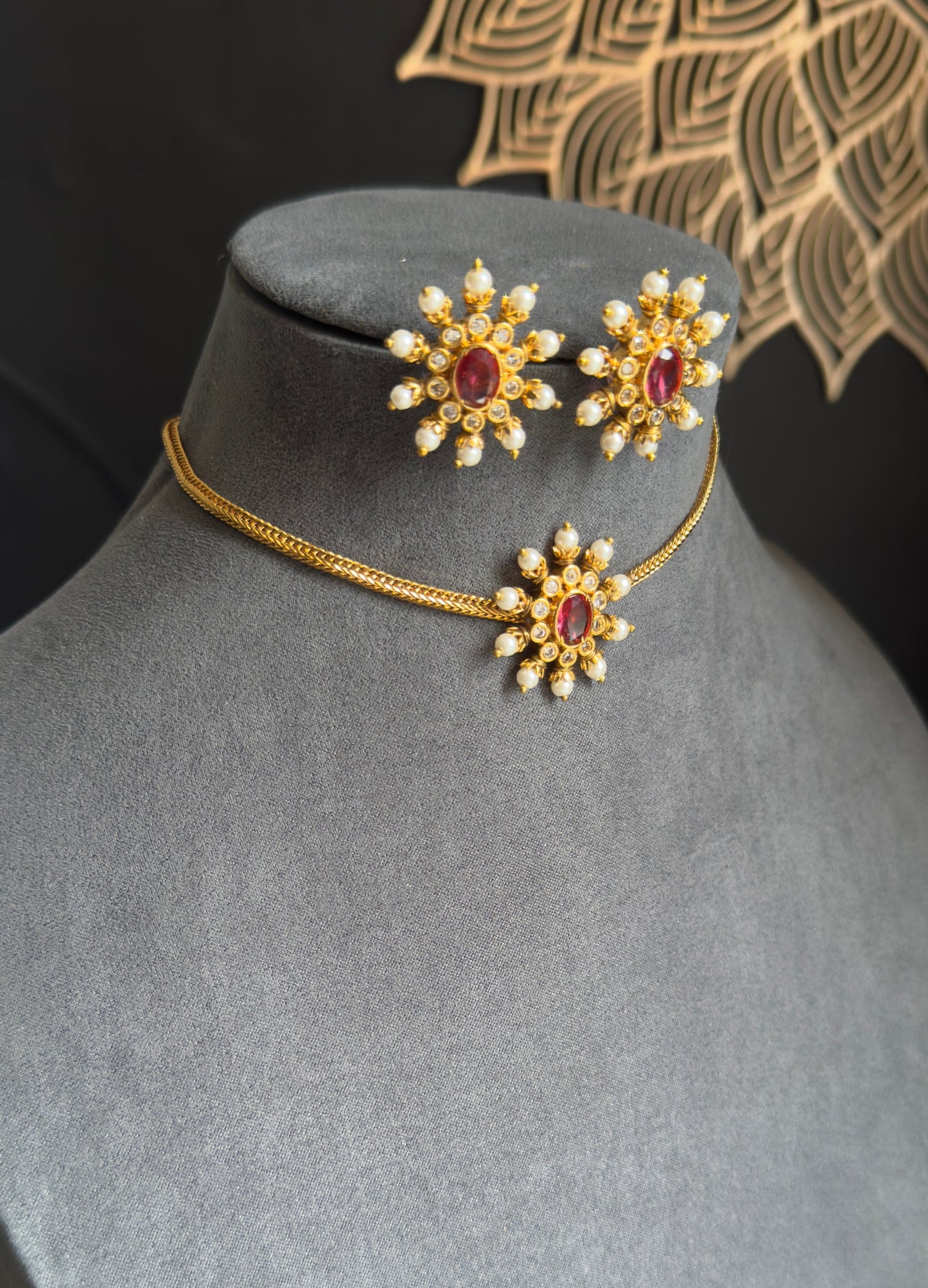 Chakra Pendant Gold Indian Necklace with Stud Earrings