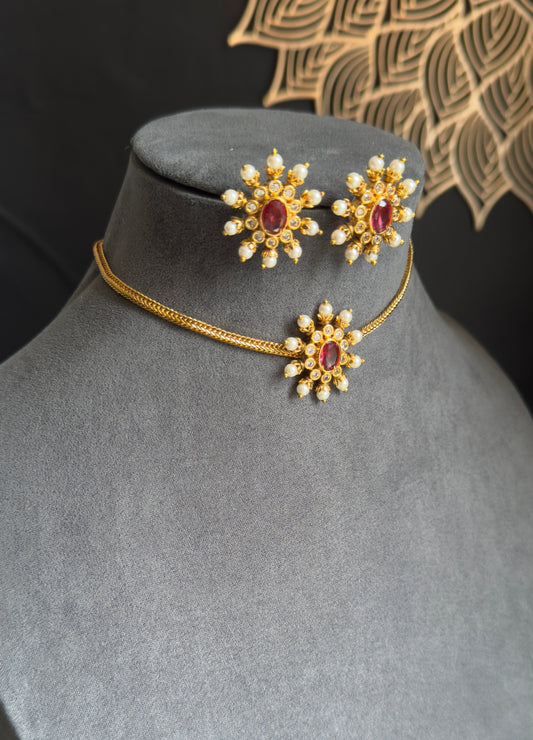 Chakra Pendant Gold Indian Necklace with Stud Earrings