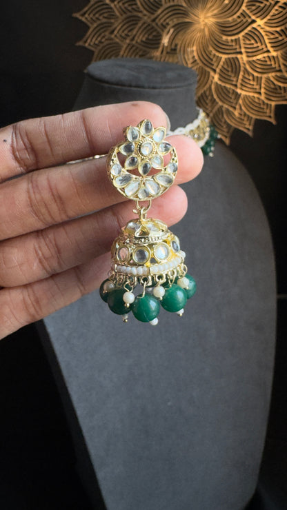 Pearl Faux Kundan Choker Tikka Jhumka Set- BOLLYWOOD