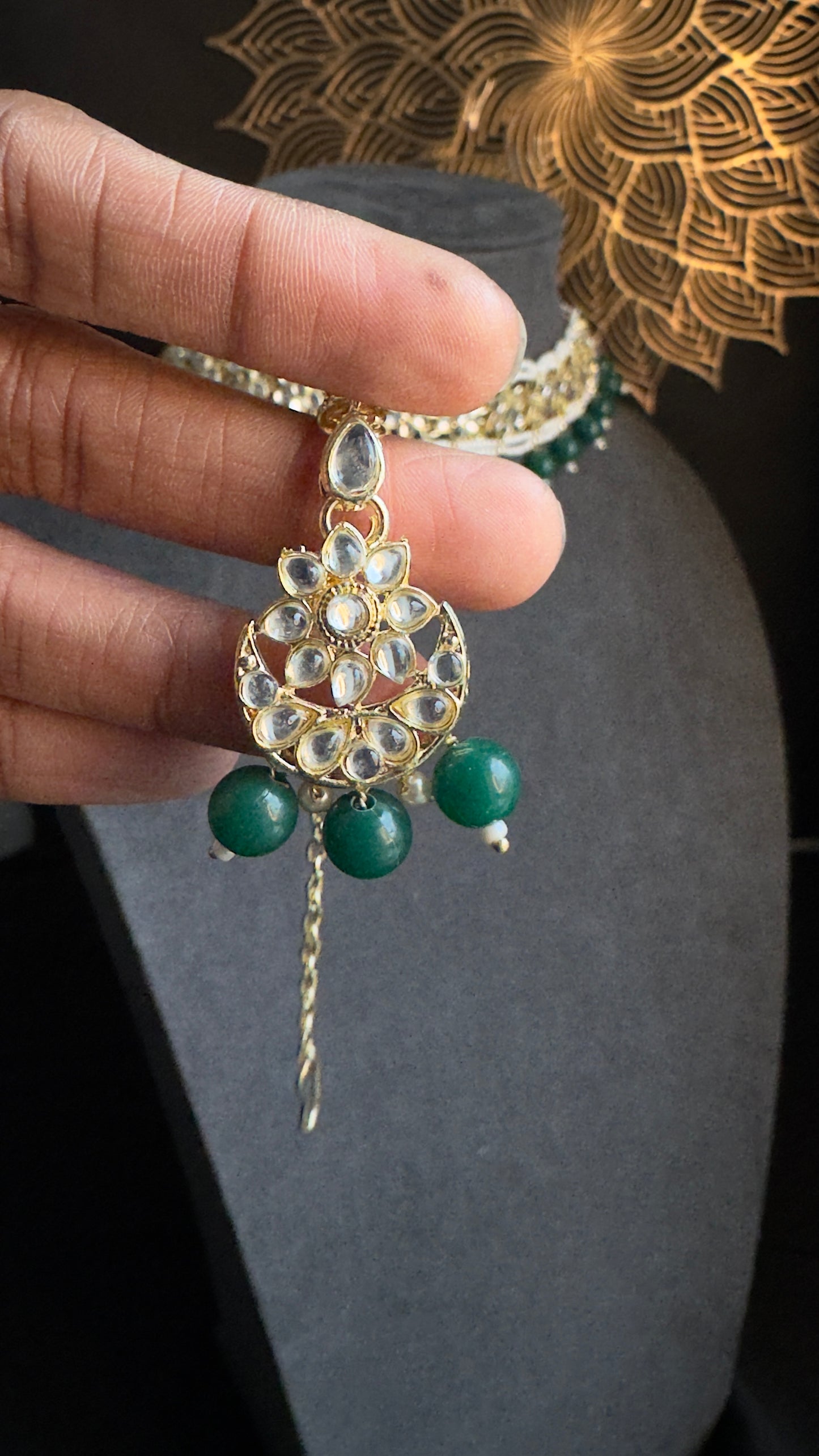 Pearl Faux Kundan Choker Tikka Jhumka Set- BOLLYWOOD