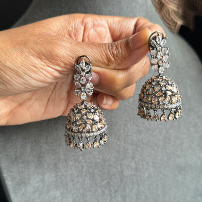 Black Blossom Jhumka Earrings Zircon Crystals - INDO WESTERN