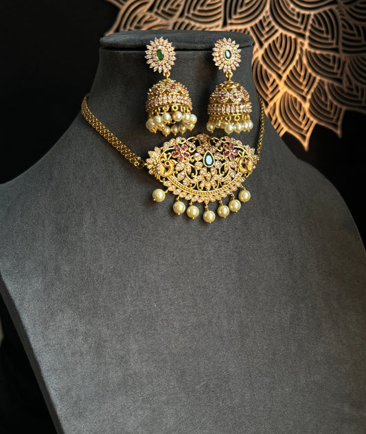 AD Gold Choker Necklace Set Jhumka - TRADITIONAL