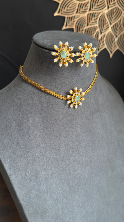 Chakra Pendant Gold Indian Necklace with Stud Earrings