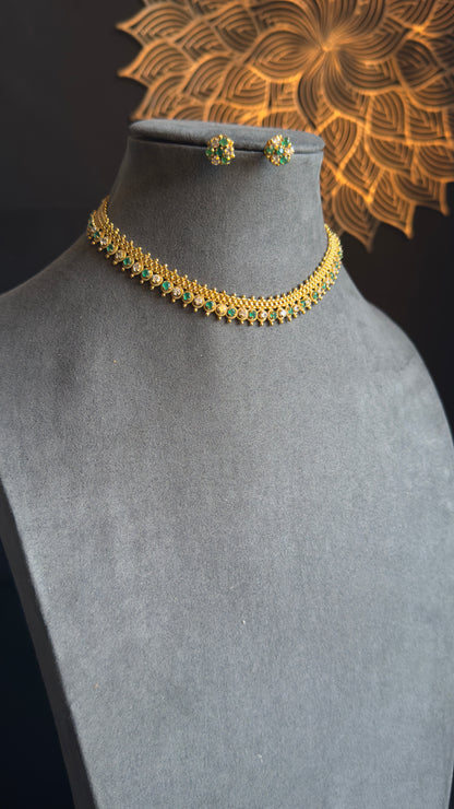 Dainty american diamond row Gold South Indian jewelry Necklace Set - TRADITIONAL