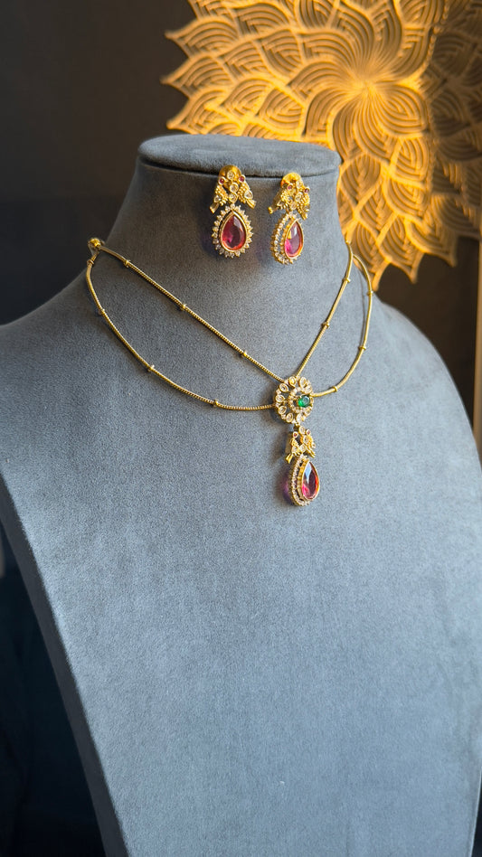 2 line Matt Gold Pendant Indian Necklace Set - AMERICAN DIAMOND