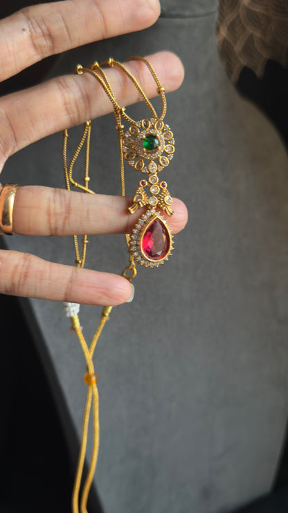 2 line Matt Gold Pendant Indian Necklace Set - AMERICAN DIAMOND