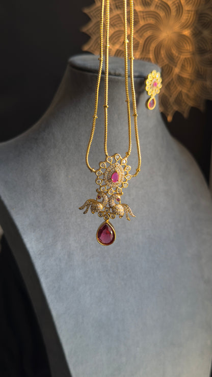 2 line Matt Gold Peacock Pendant Indian Necklace Set flower dangler- AMERICAN DIAMOND