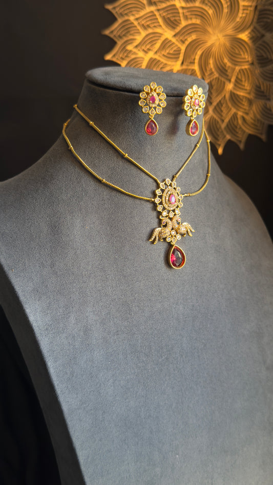 2 line Matt Gold Peacock Pendant Indian Necklace Set flower dangler- AMERICAN DIAMOND