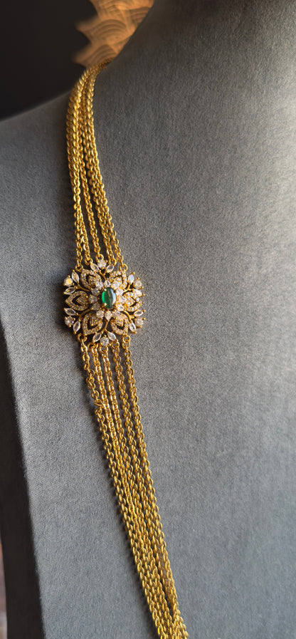 Emerald gold Plated american diamond Raani Haar Necklace Set - LONG NECKLACE