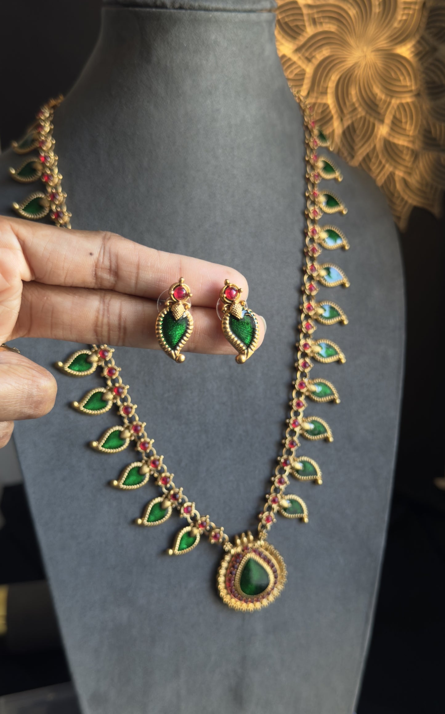Long Palakka Kerala Manga palakka Neckpiece- Vine Gold South Indian jewelry long Necklace Set - TRADITIONAL