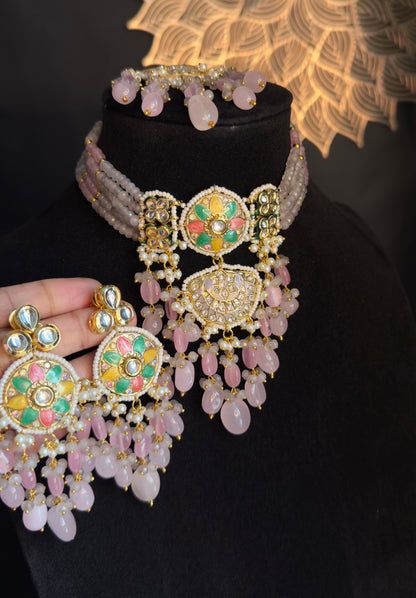 Pastel Gold-Plated Jadau & Meenakari Necklace Set - SPECIAL