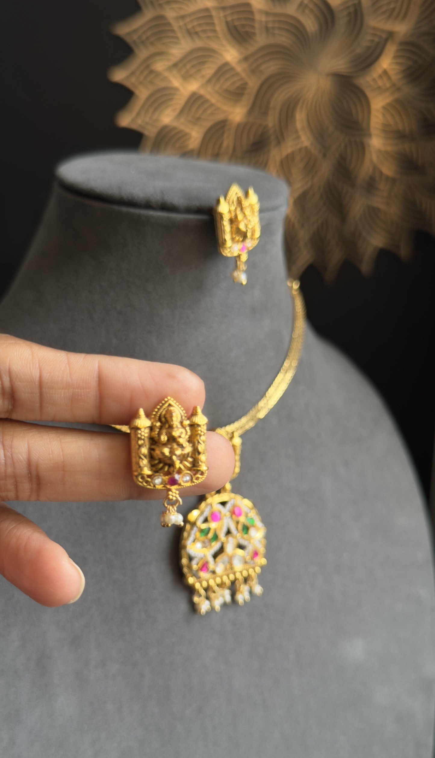 Jadau Pendant Goddess Lakshmi microgold Gold Traditional South Indian Necklace set - TEMPLE