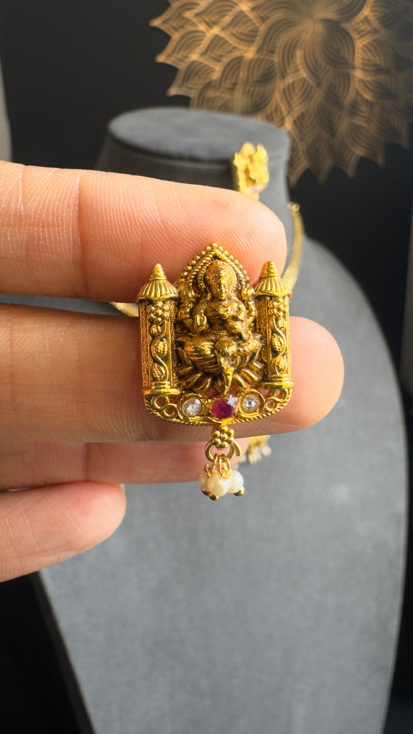 Jadau Pendant Goddess Lakshmi microgold Gold Traditional South Indian Necklace set - TEMPLE