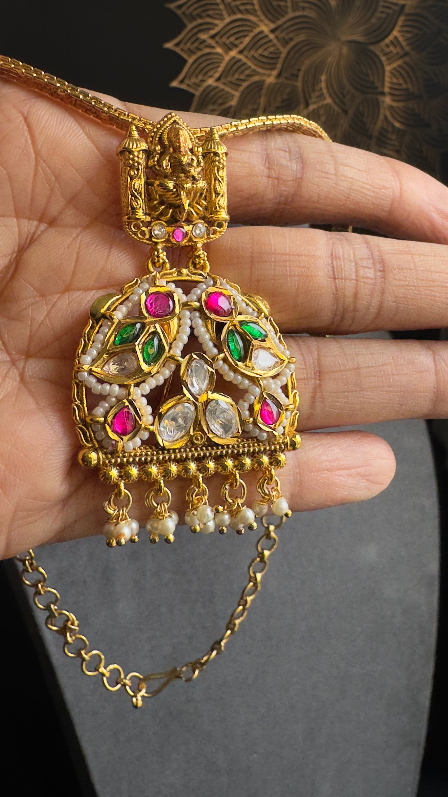 Jadau Pendant Goddess Lakshmi microgold Gold Traditional South Indian Necklace set - TEMPLE
