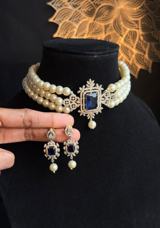 Pearl and Blue Diamond Choker Set - INDO WESTEN