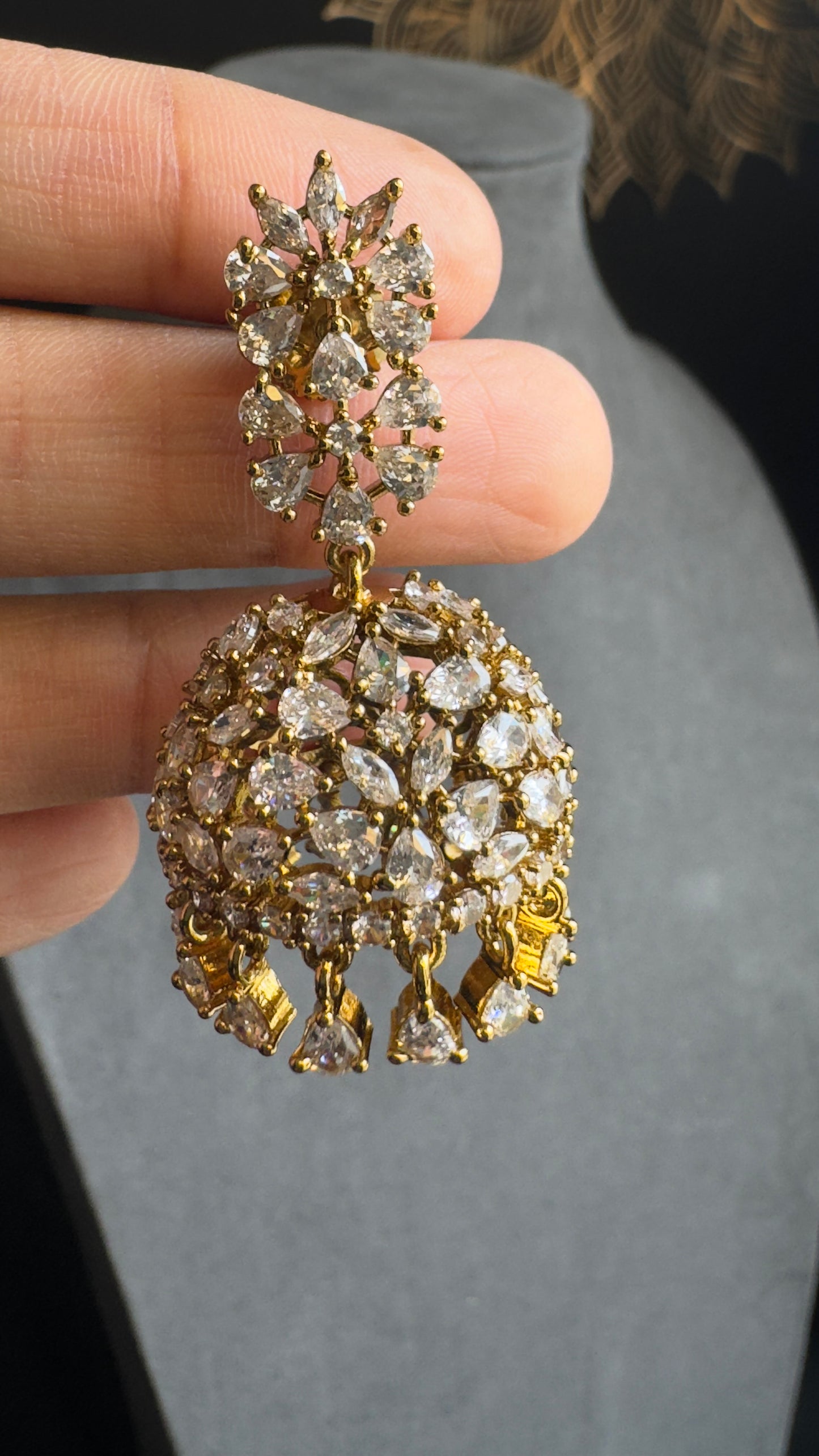 Gold Blossom Jhumka Earrings Zircon Crystals - INDO WESTERN