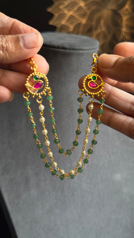 Jadau Unique bird Pearl Layer EarChain Kaan | South Indian Gold Maatal Ear Support - TRADITIONAL