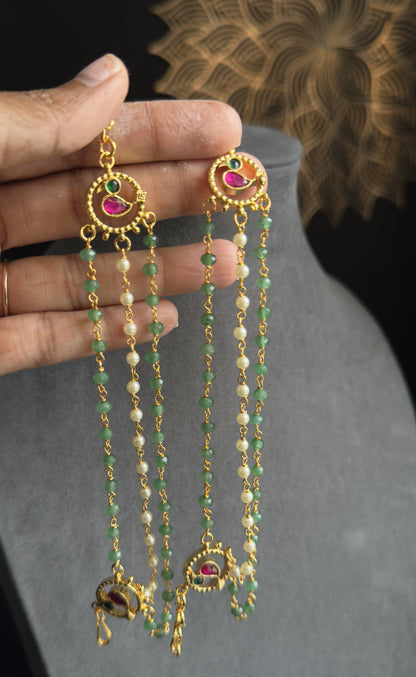 Jadau Unique bird Pearl Layer EarChain Kaan | South Indian Gold Maatal Ear Support - TRADITIONAL