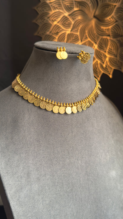 South Indian Choker Necklace Set | Gold Plated Bridal Jewelry with Earrings |Traditional Lakshmi Coin Kasumala Temple Necklace Set- TEMPLE