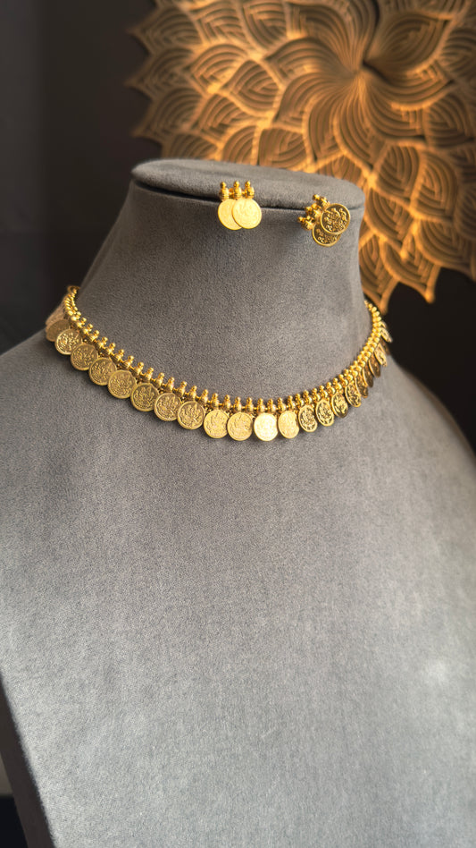 South Indian Choker Necklace Set | Gold Plated Bridal Jewelry with Earrings |Traditional Lakshmi Coin Kasumala Temple Necklace Set- TEMPLE