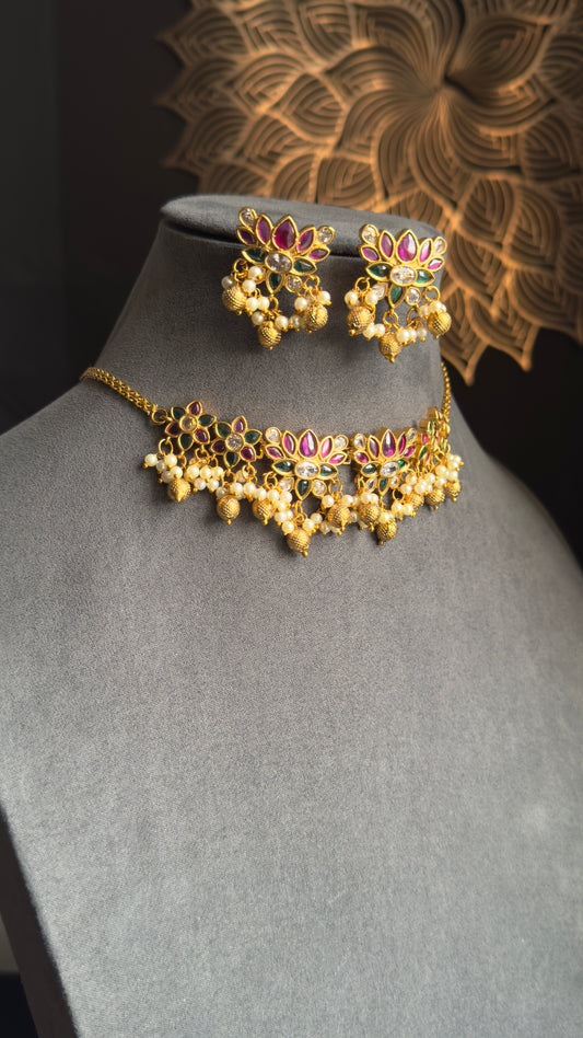Gold South Indian Kemp AD Cluster row Lotus South Indian Jewelry Necklace Set - FUSION