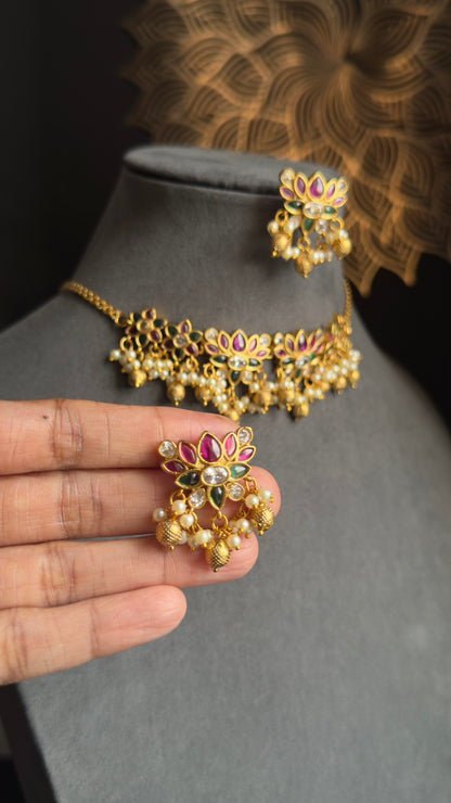 Gold South Indian Kemp AD Cluster row Lotus South Indian Jewelry Necklace Set - FUSION