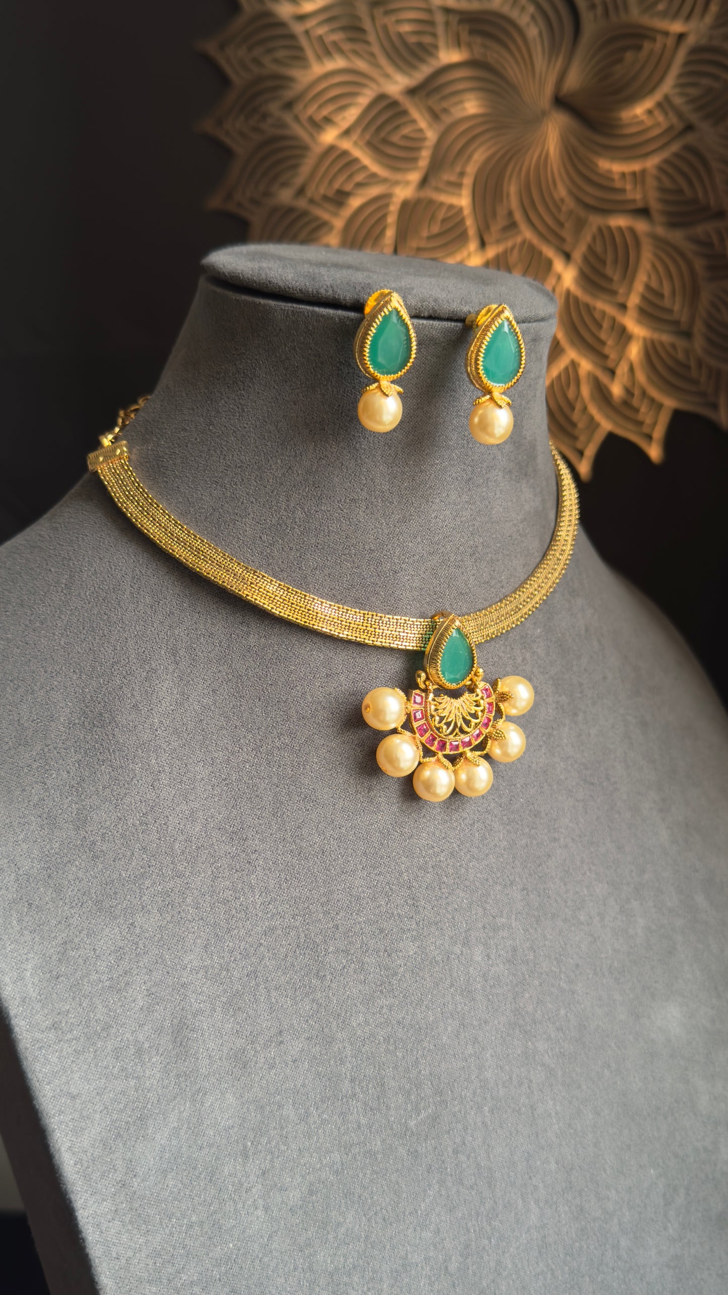 Diya Half-Flower Pendant Necklace Set , Vibrant Colors- FUSION
