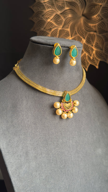 Diya Half-Flower Pendant Necklace Set , Vibrant Colors- FUSION