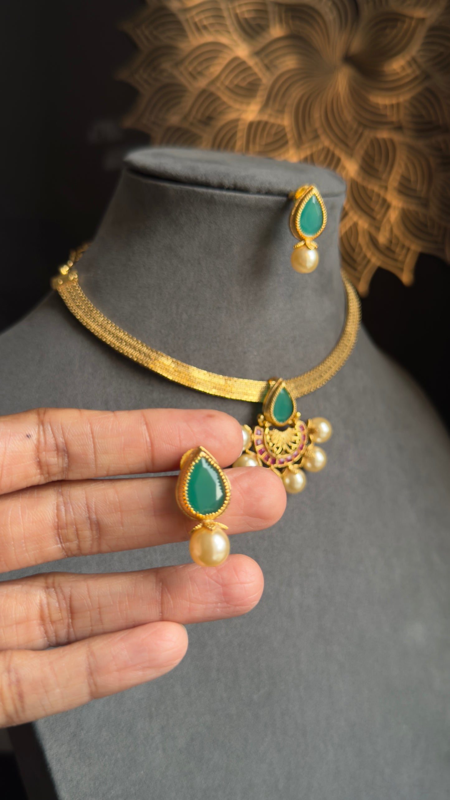 Diya Half-Flower Pendant Necklace Set , Vibrant Colors- FUSION