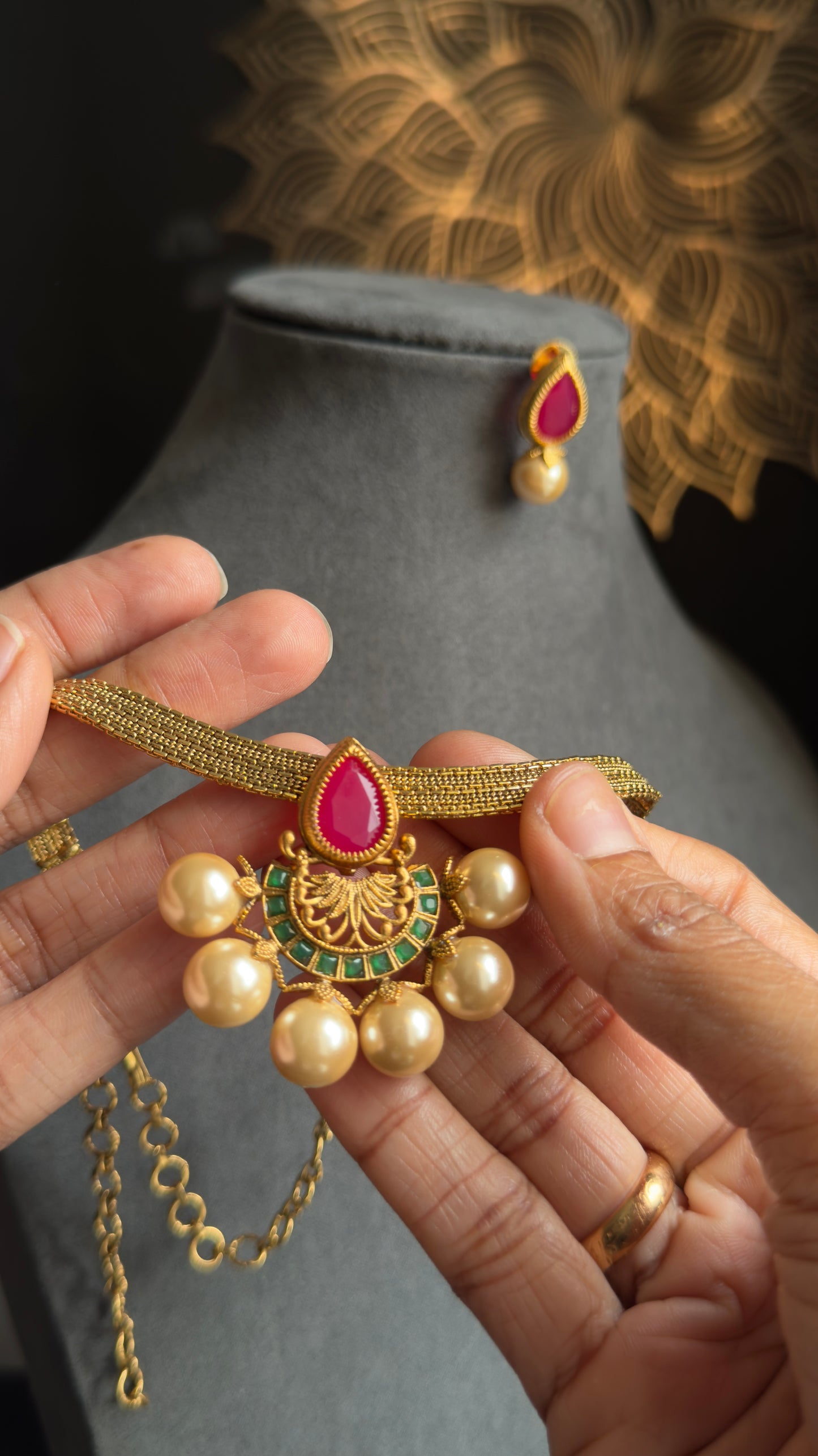 Diya Half-Flower Pendant Necklace Set , Vibrant Colors- FUSION