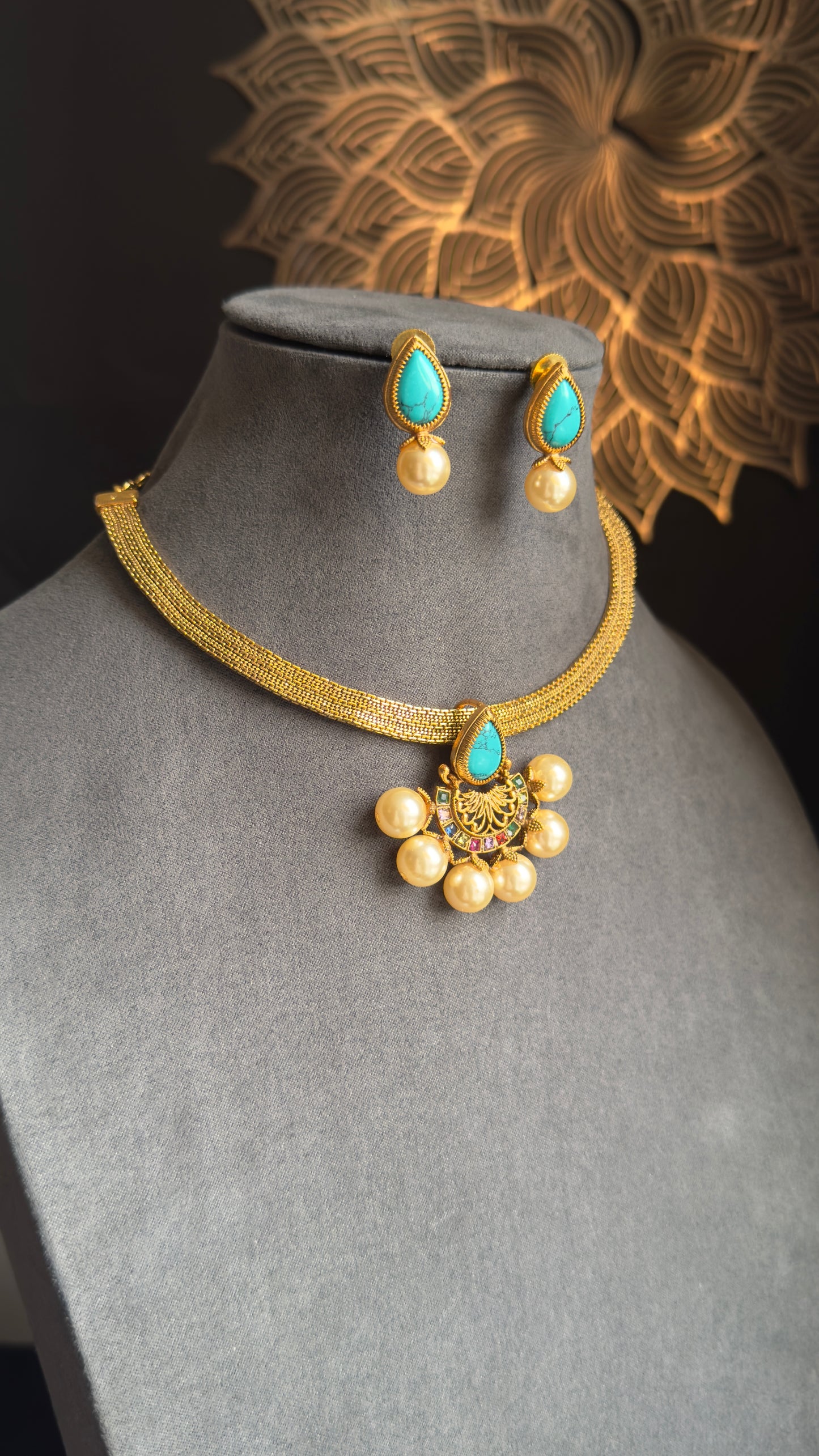 Diya Half-Flower Pendant Necklace Set , Vibrant Colors- FUSION