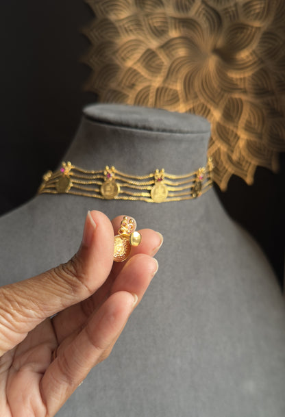 Microgold delicate South Indian Choker Set | Bridal Jewelry with Earrings |Traditional Lakshmi Coin Kasumala Temple Choker Set